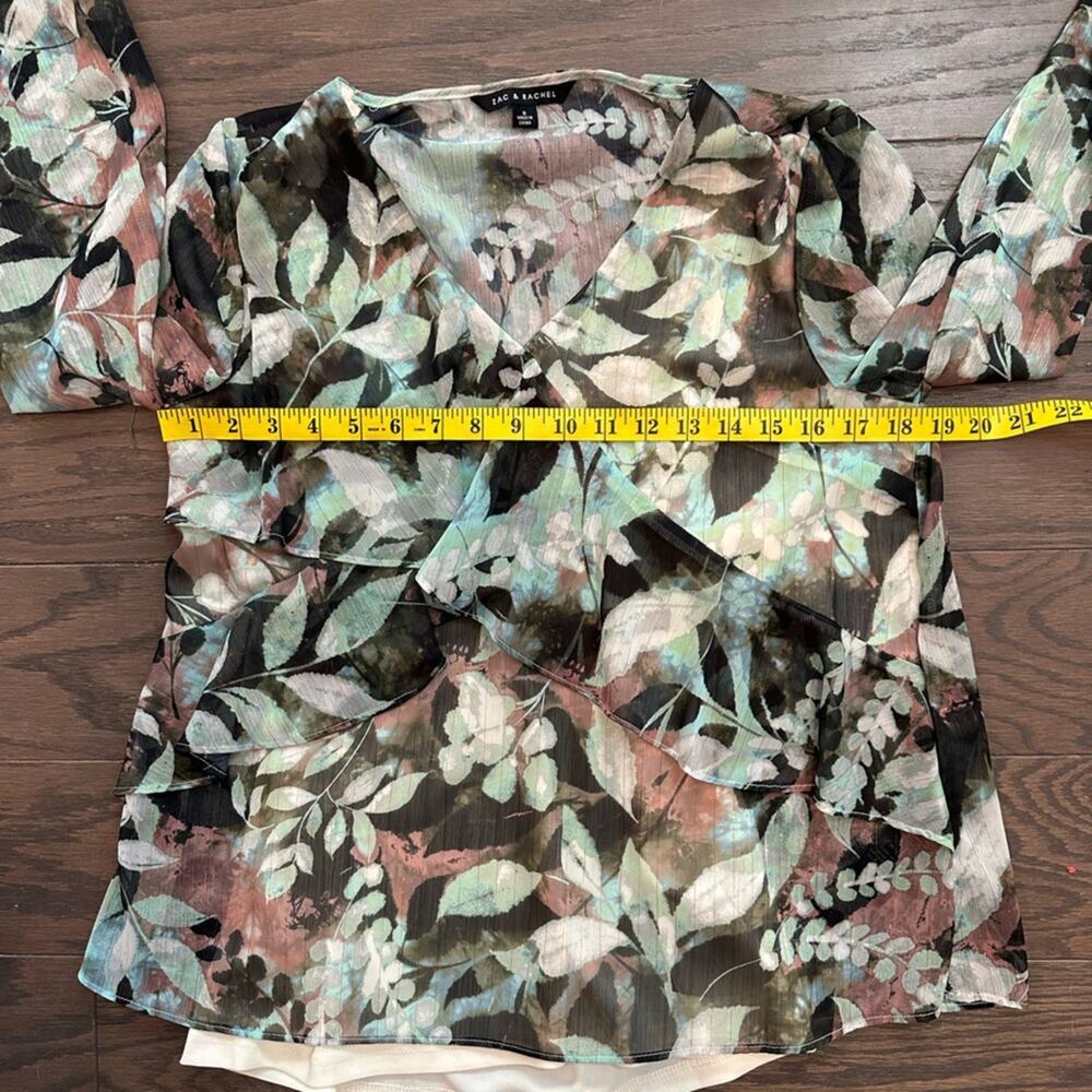 Zac & Rachel Sheer Floral Ruffle Blouse Dusty Olive Multi  Size Small NWT - Picture 8 of 11
